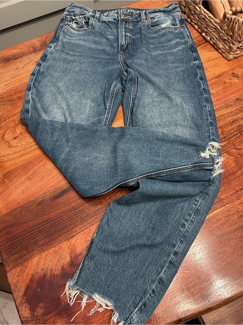 American Eagle Outfitters Mom jeans, Medium Blue Distressed Straight Leg Jeans
